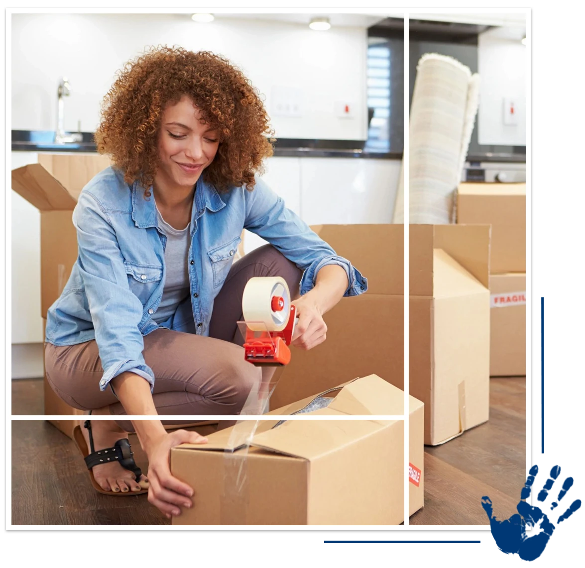 A woman sitting on the floor packing boxes.